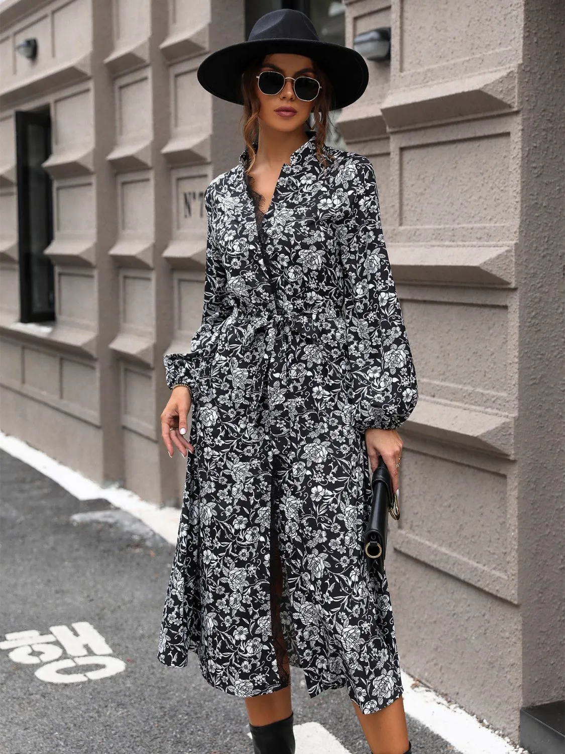 🌸 Lace Detail Printed Long Sleeve Midi Dress 🌸