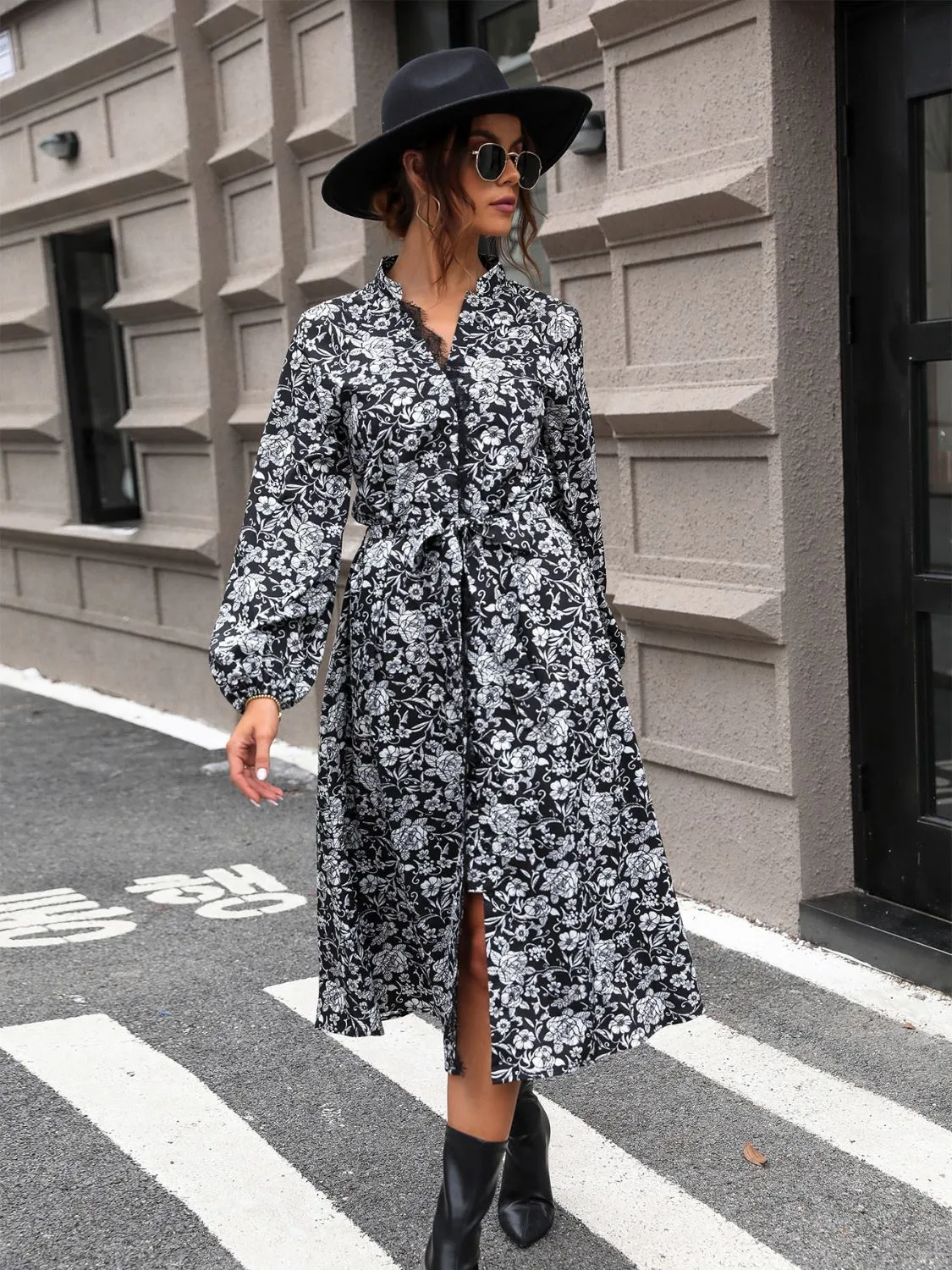 🌸 Lace Detail Printed Long Sleeve Midi Dress 🌸