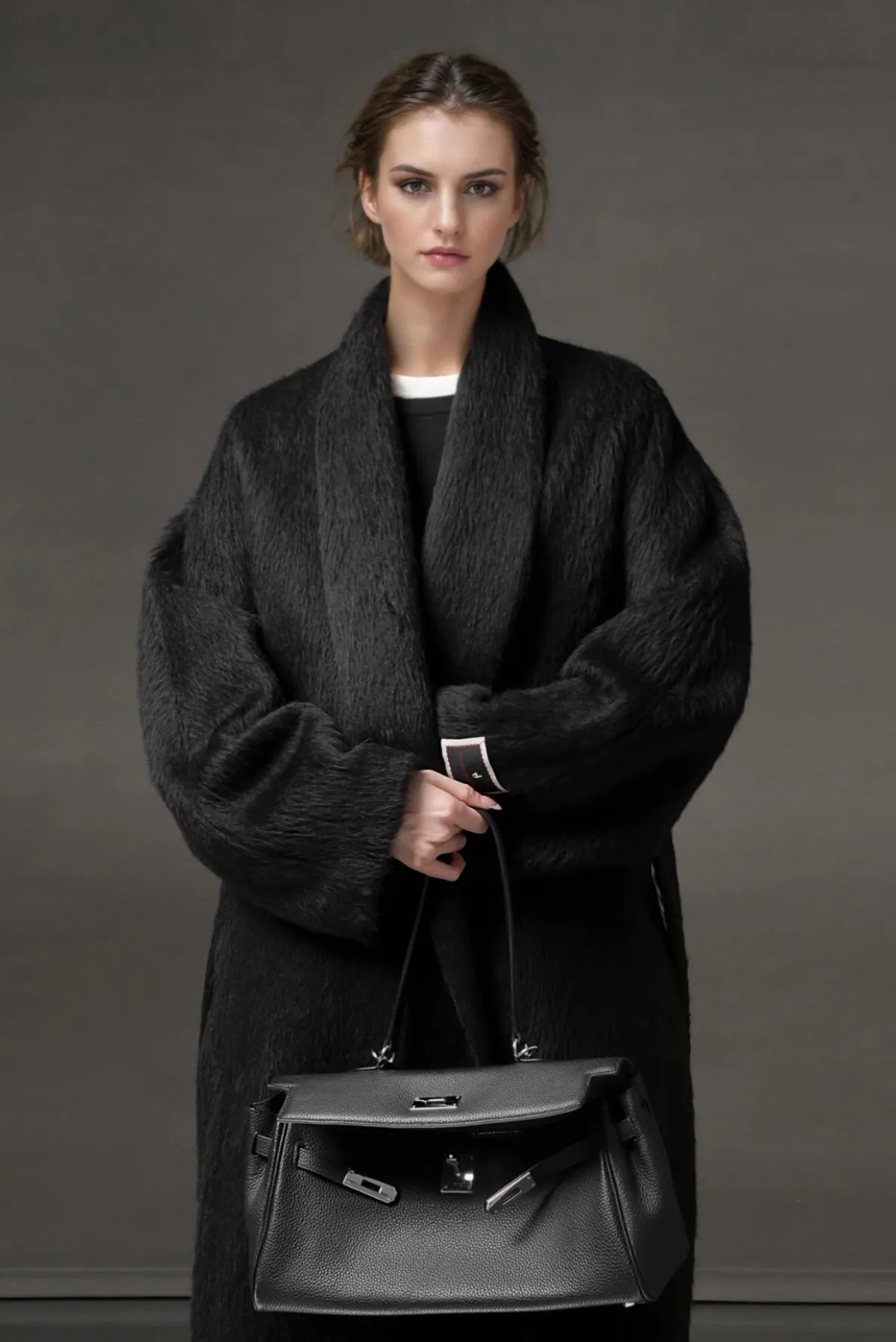 100 Peru Suri Alpaca Wool Shawl Collar Long Wrap Coat with Belt