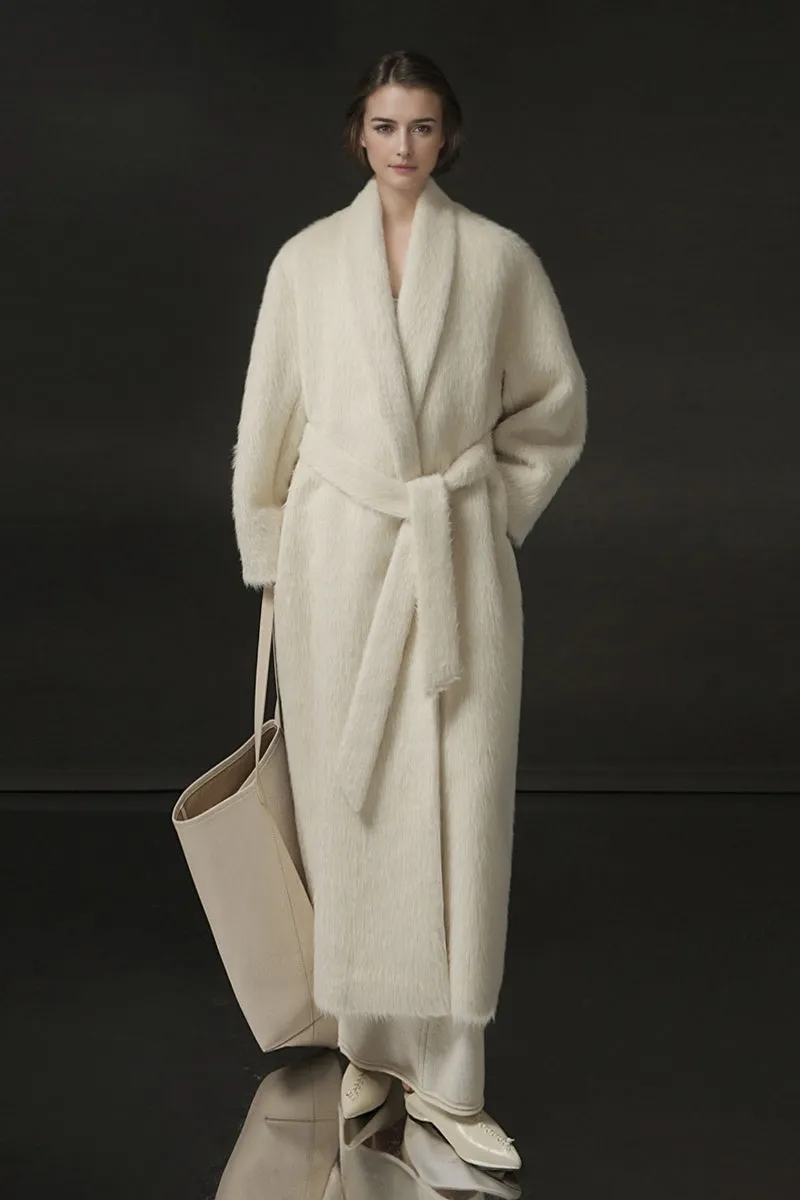 100 Peru Suri Alpaca Wool Shawl Collar Long Wrap Coat with Belt