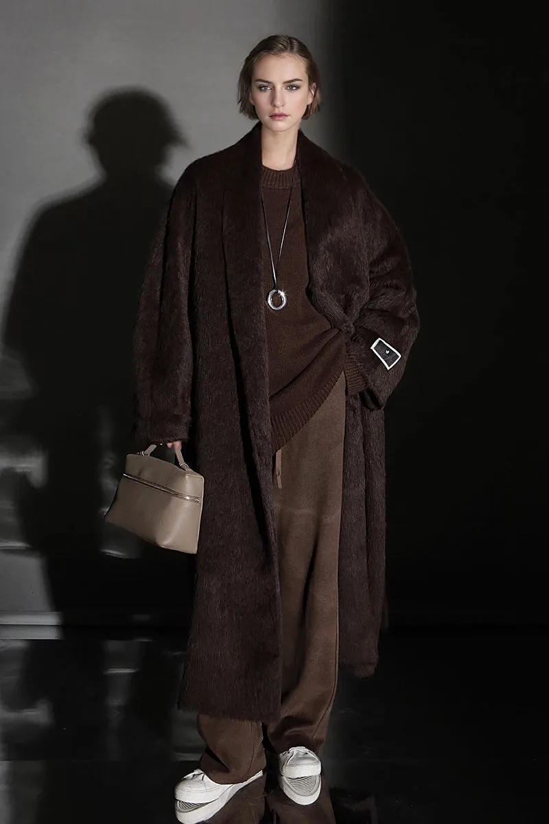 100 Peru Suri Alpaca Wool Shawl Collar Long Wrap Coat with Belt