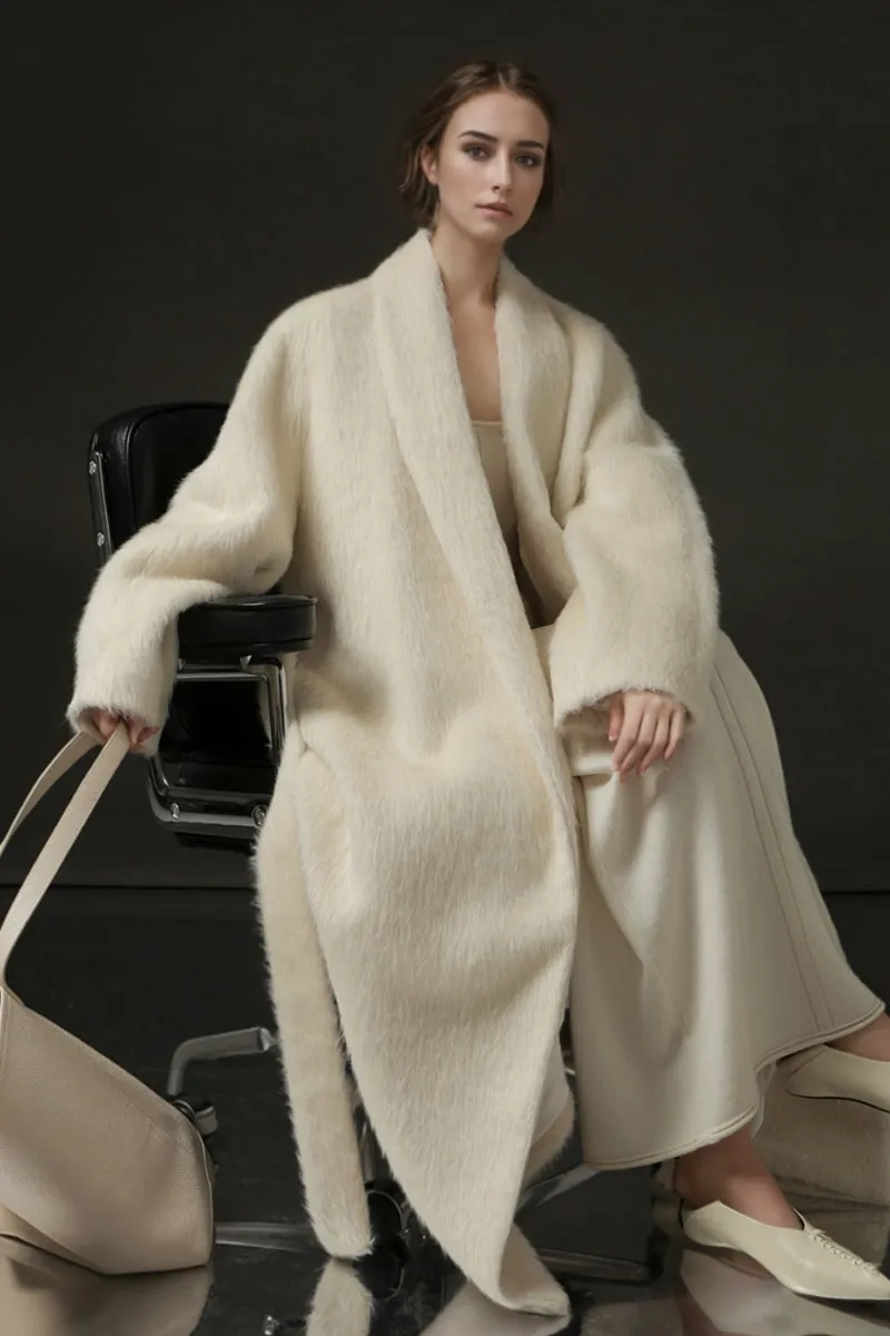 100 Peru Suri Alpaca Wool Shawl Collar Long Wrap Coat with Belt
