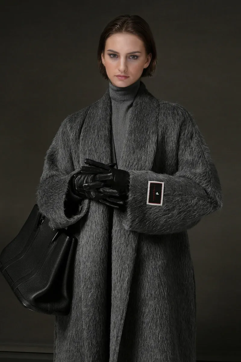 100 Peru Suri Alpaca Wool Shawl Collar Long Wrap Coat with Belt
