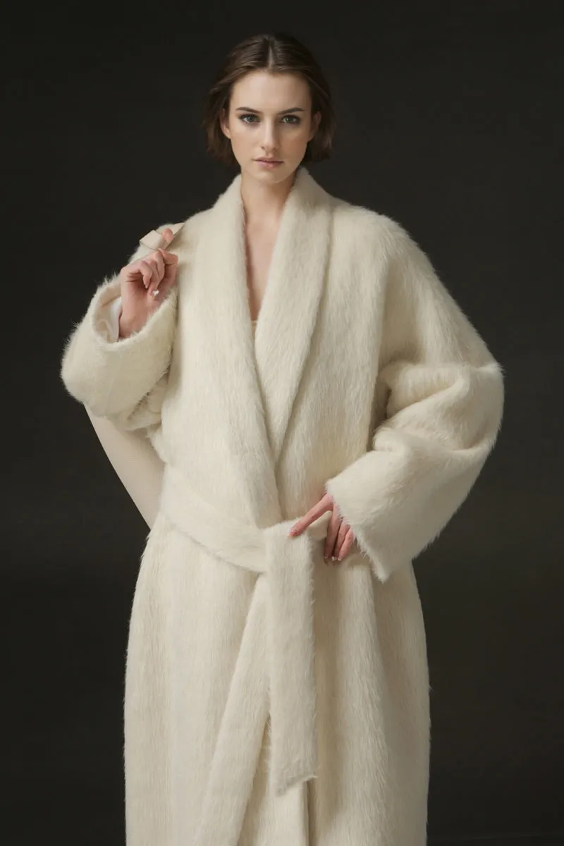 100 Peru Suri Alpaca Wool Shawl Collar Long Wrap Coat with Belt