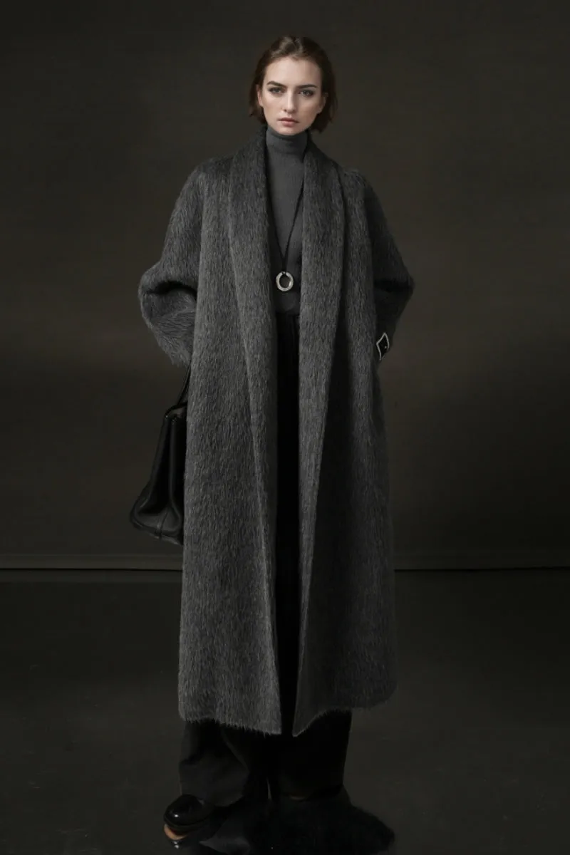 100 Peru Suri Alpaca Wool Shawl Collar Long Wrap Coat with Belt