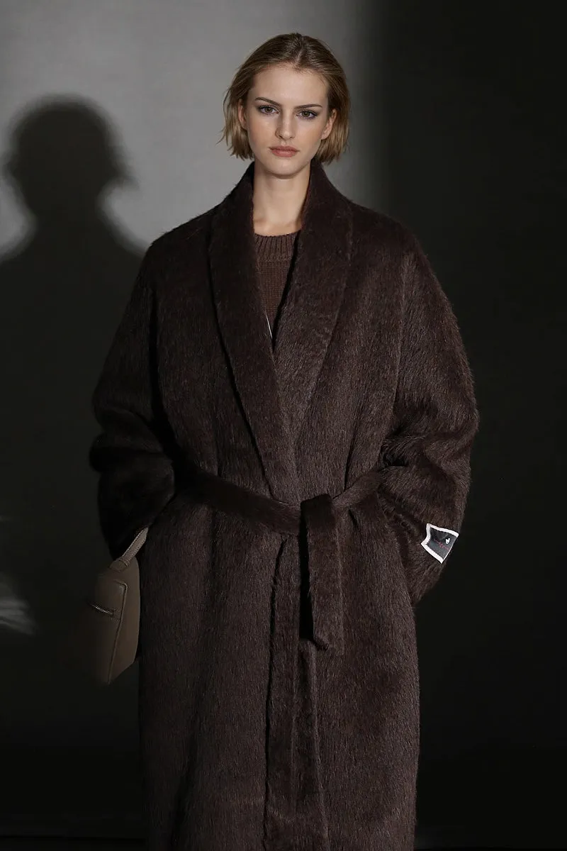 100 Peru Suri Alpaca Wool Shawl Collar Long Wrap Coat with Belt