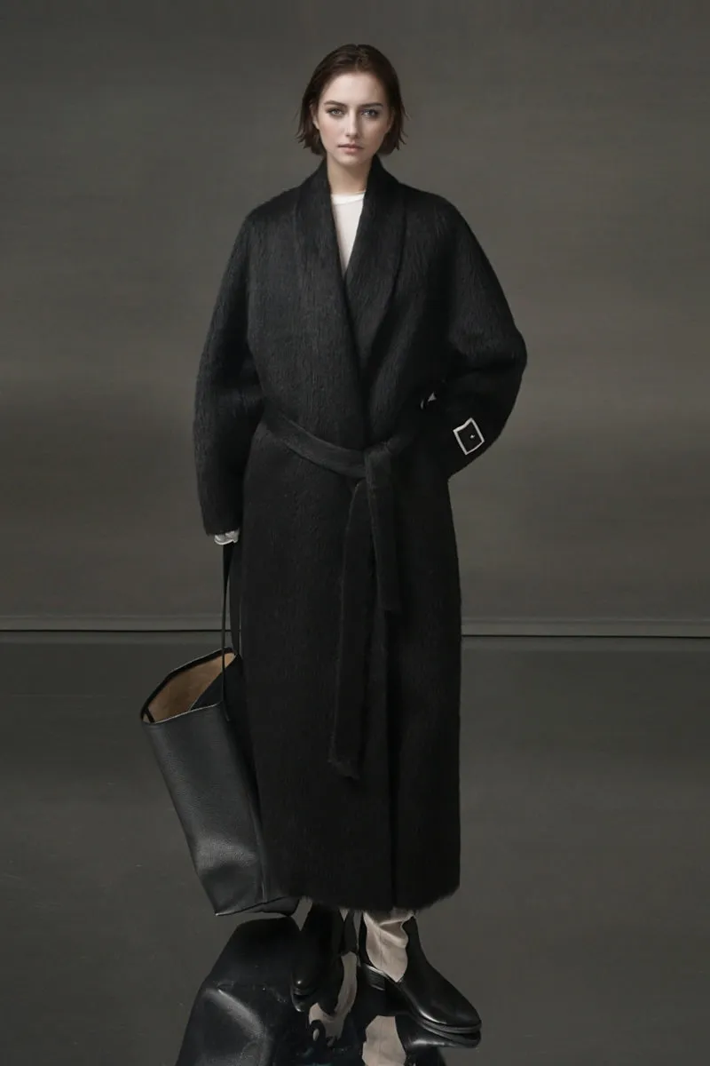 100 Peru Suri Alpaca Wool Shawl Collar Long Wrap Coat with Belt