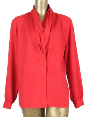 70s Mod Red Pleated V-Neck Long Sleeve Button Up Blouse