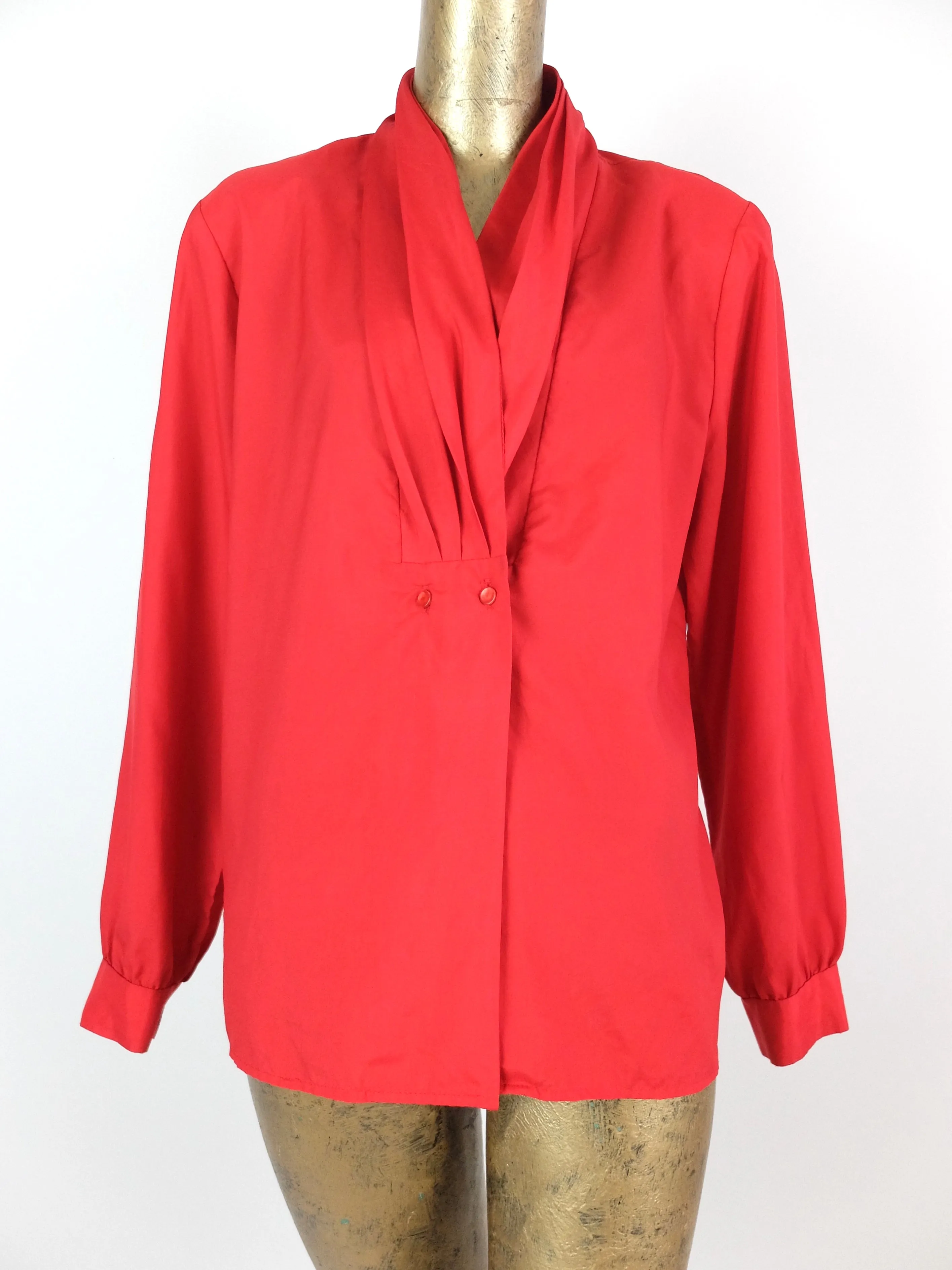 70s Mod Red Pleated V-Neck Long Sleeve Button Up Blouse