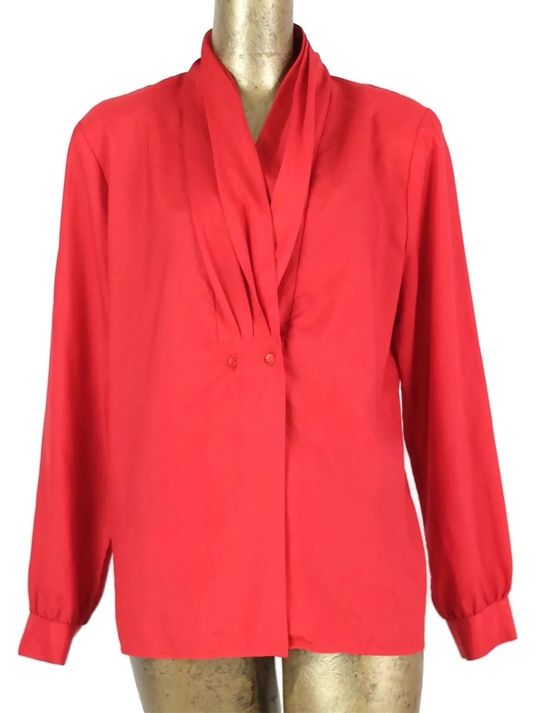 70s Mod Red Pleated V-Neck Long Sleeve Button Up Blouse