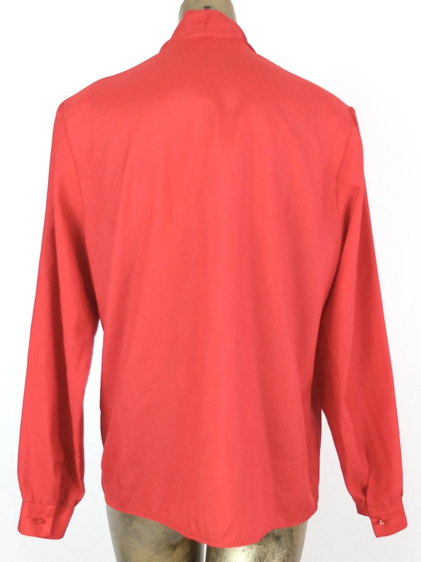 70s Mod Red Pleated V-Neck Long Sleeve Button Up Blouse