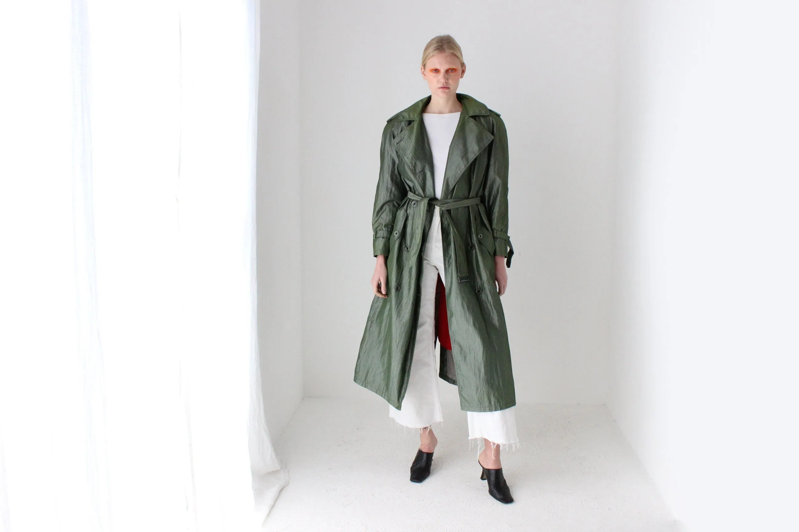 80s Iridescent Green Belted Trench Coat by Jones New York w/ Pure Wool Lining