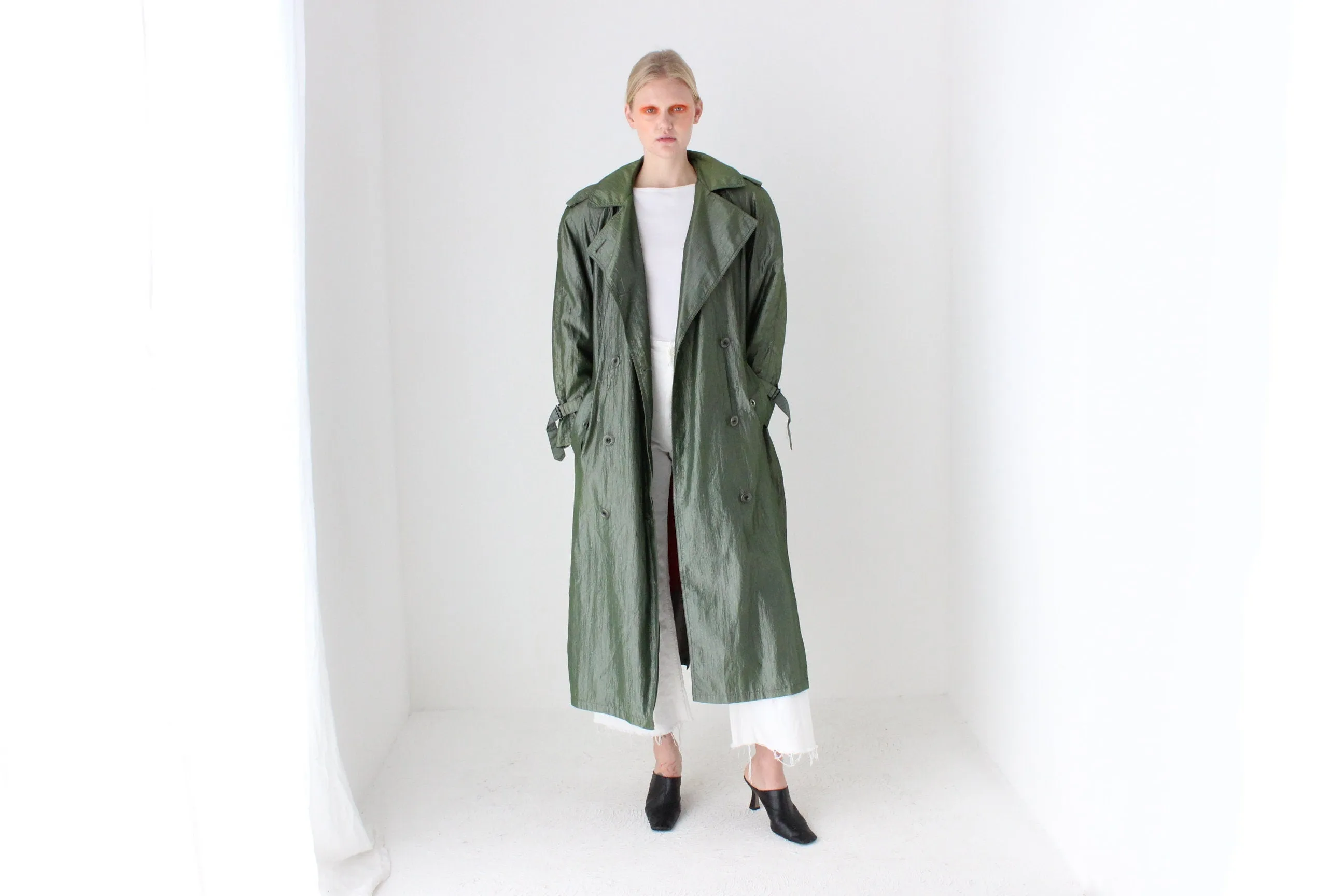 80s Iridescent Green Belted Trench Coat by Jones New York w/ Pure Wool Lining