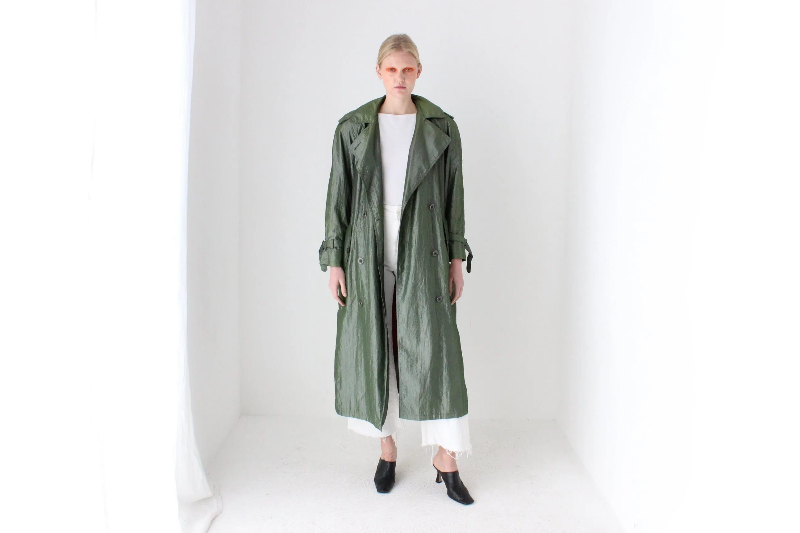 80s Iridescent Green Belted Trench Coat by Jones New York w/ Pure Wool Lining