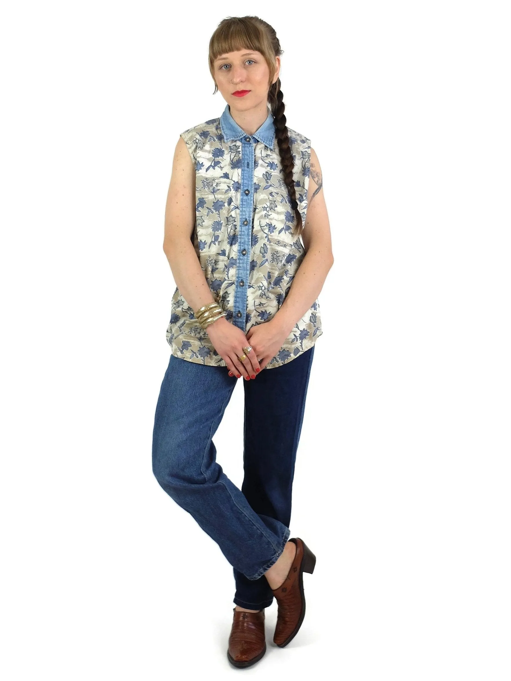 90s Floral Denim Collared Sleeveless Button Up Blouse