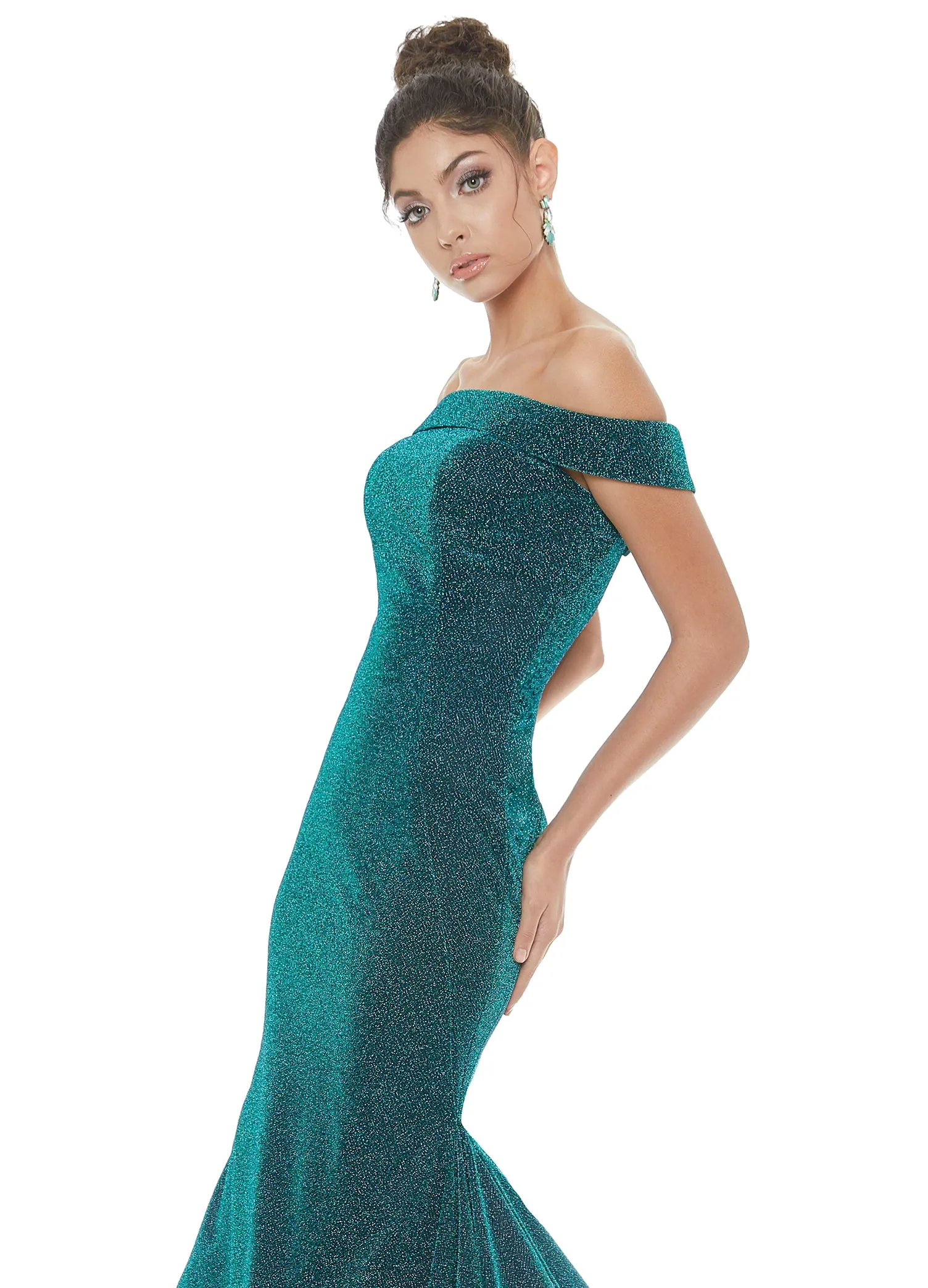 Ashley Lauren 1606 Size 18 Long Metallic Mermaid Prom Dress of the Shoulder Pageant Gown