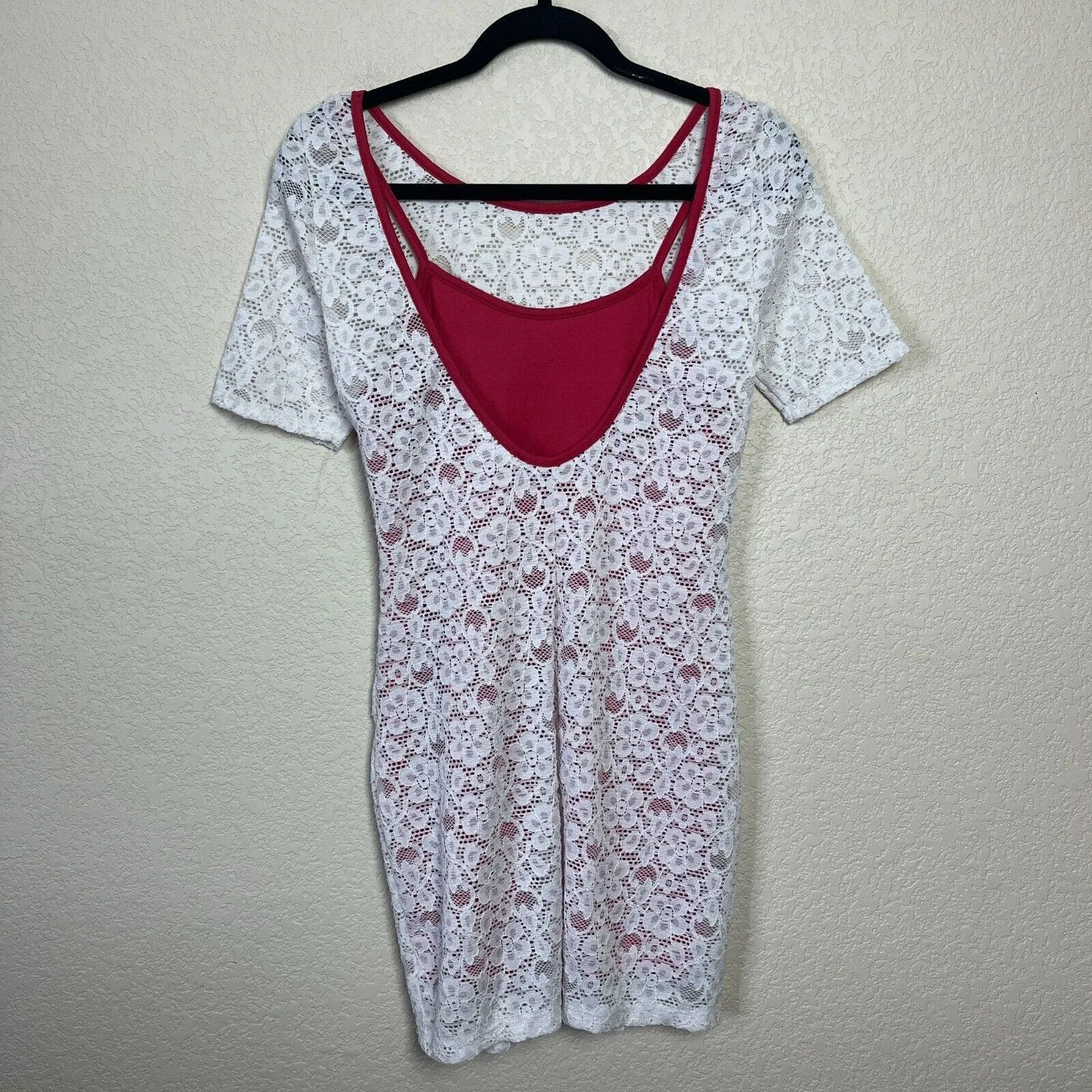 Audrey 3 1 Womens Sz S Mini Dress Red and Ivory Lace Overlay Bodycon