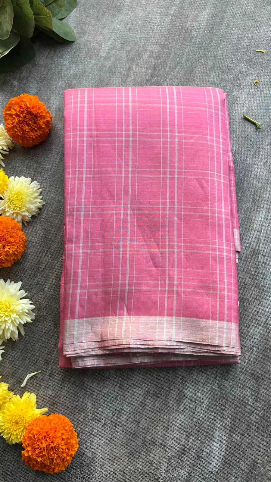 Baby pink checked kanjivaram soft silk saree with blouse