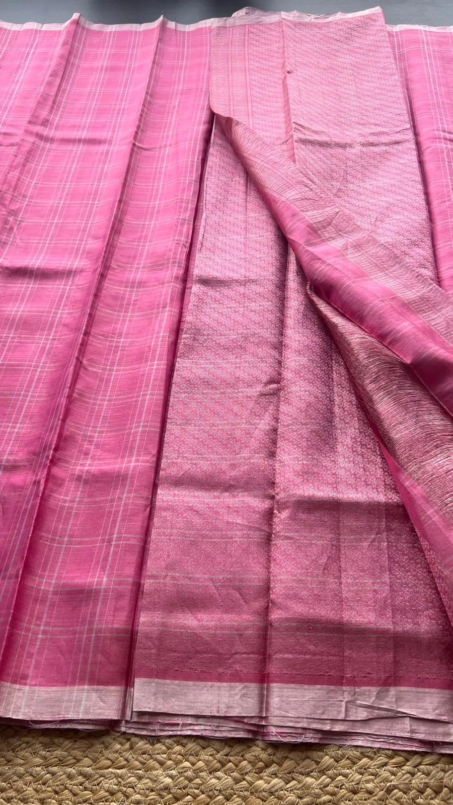 Baby pink checked kanjivaram soft silk saree with blouse