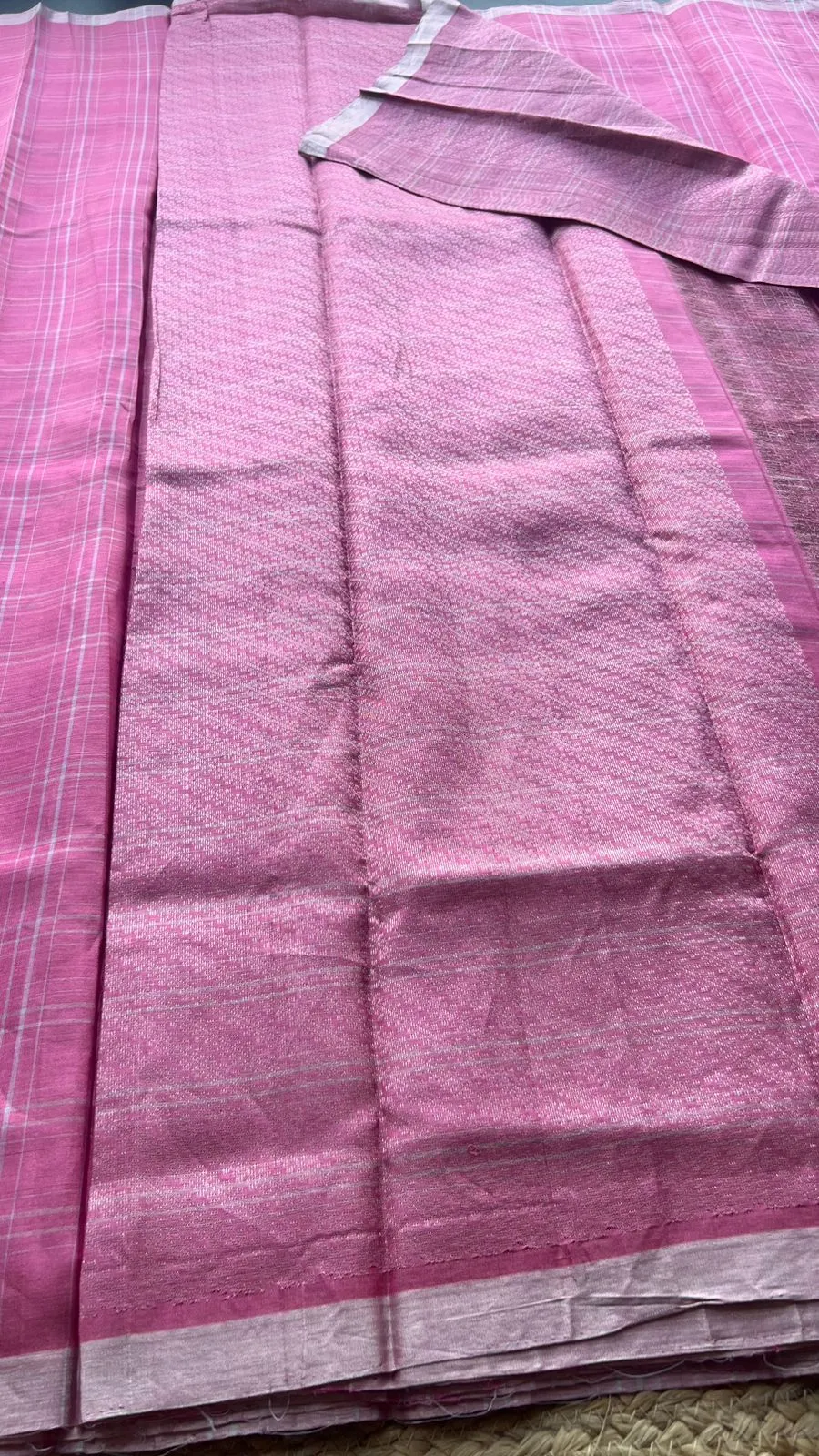 Baby pink checked kanjivaram soft silk saree with blouse