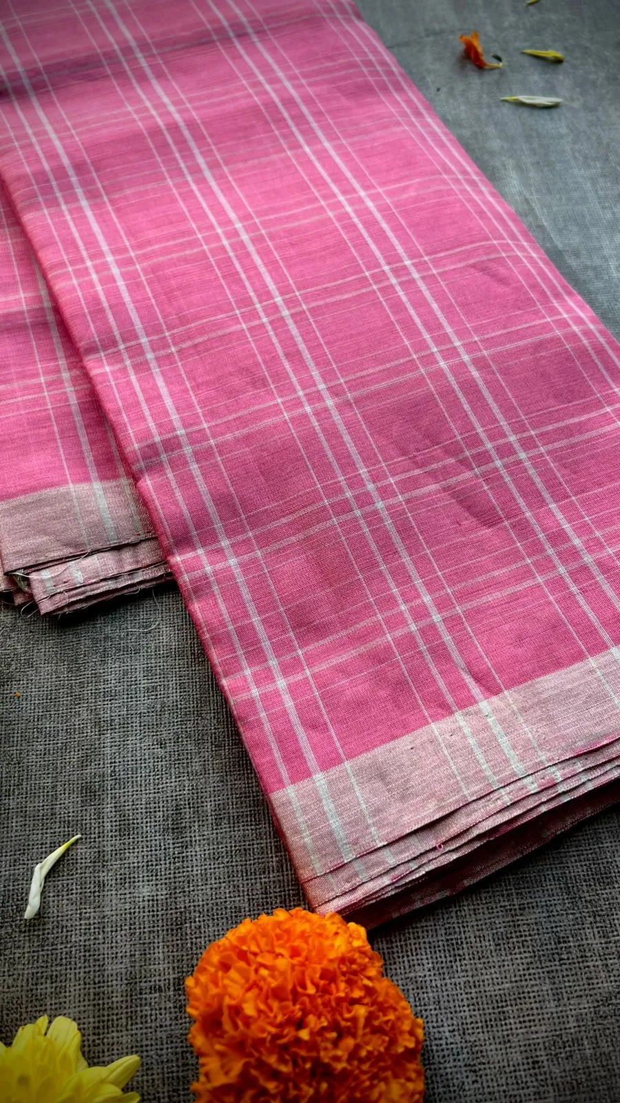 Baby pink checked kanjivaram soft silk saree with blouse