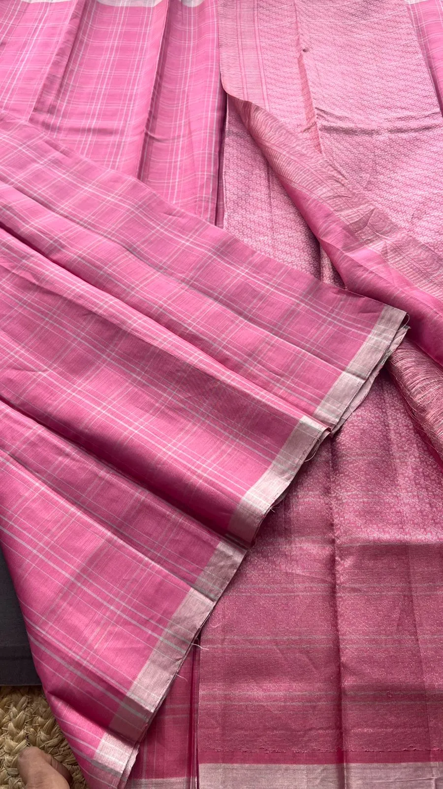 Baby pink checked kanjivaram soft silk saree with blouse