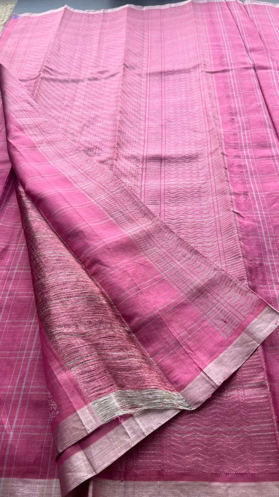 Baby pink checked kanjivaram soft silk saree with blouse
