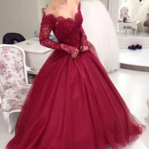 Ball Gown Tulle Burgundy Lace Top Prom Dress with Long Sleeves