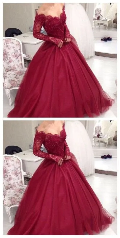 Ball Gown Tulle Burgundy Lace Top Prom Dress with Long Sleeves