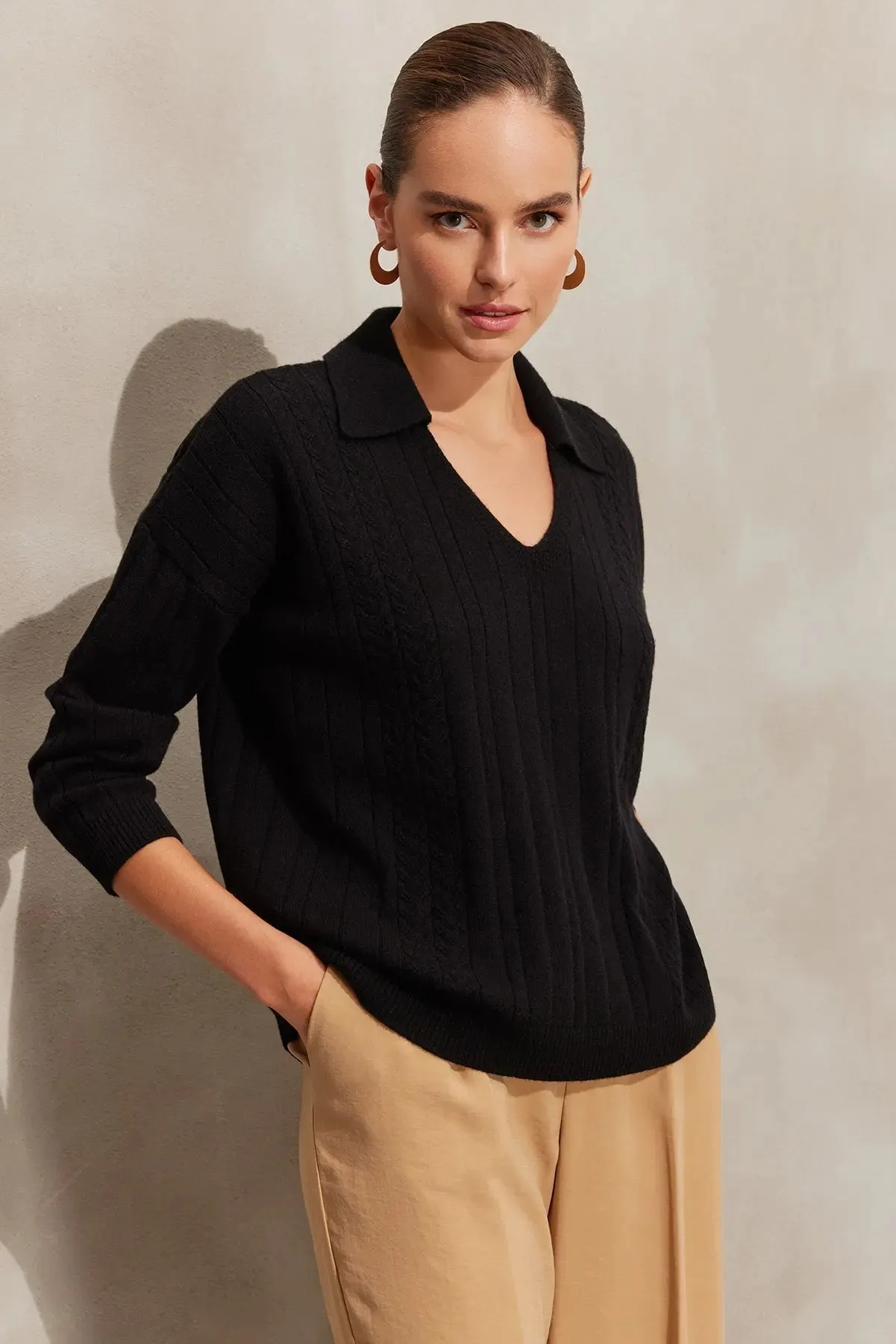 Black Cashmere and Merino Wool Blended Recycled Cashmere Recycled Column Knit Polo Neck Women's Sweater