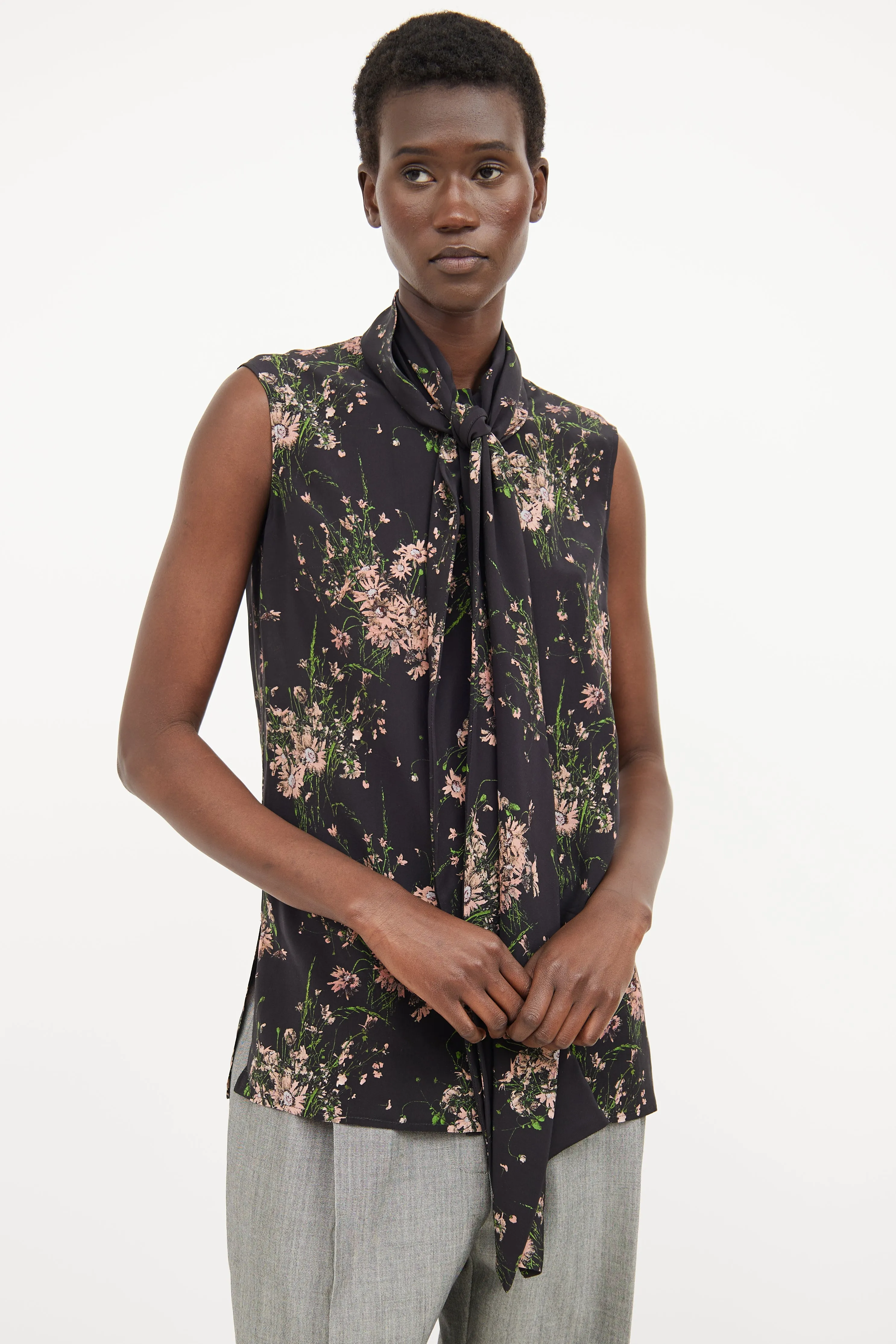 Black Floral Necktie Top