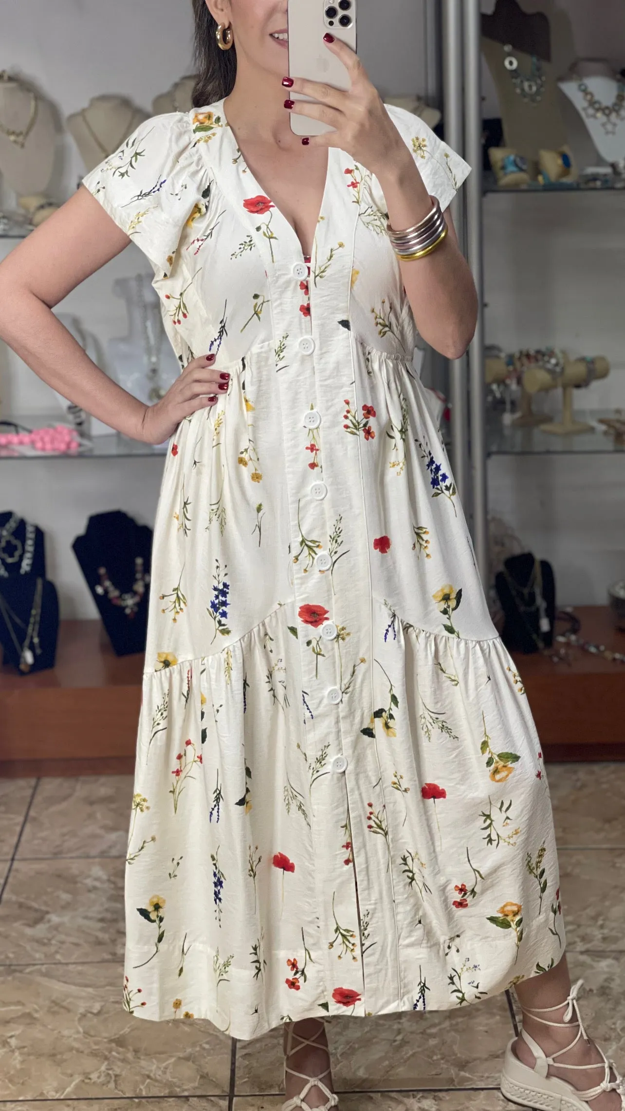 Button Down Floral Print Midi Dress