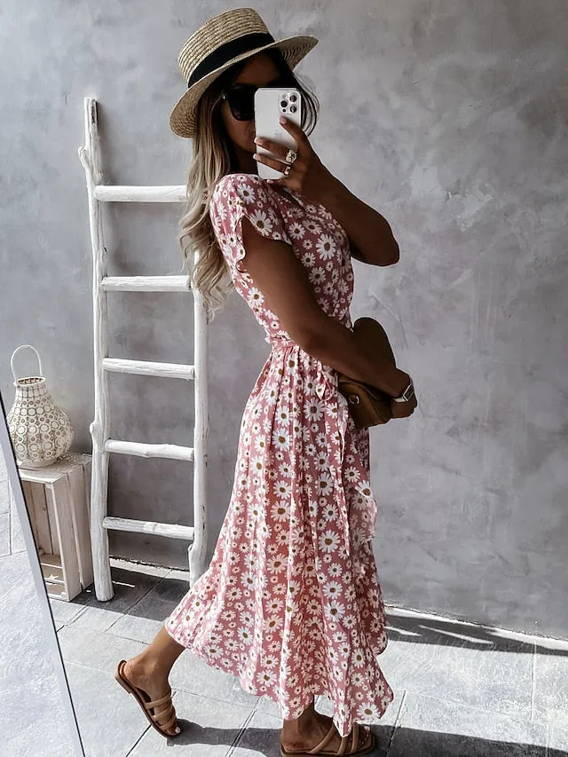 Casual Dress Wrap Dress Floral Dress Midi Dress Black Pink Blue Short Sleeve Floral Lace up Summer Spring V Neck Vacation Vacation Summer Dress  S M L XL XXL for Women