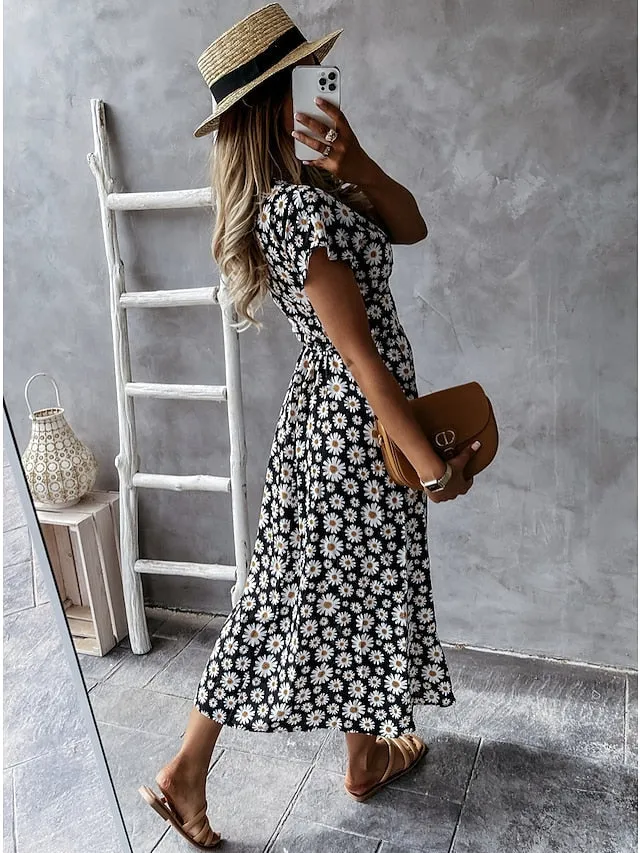 Casual Dress Wrap Dress Floral Dress Midi Dress Black Pink Blue Short Sleeve Floral Lace up Summer Spring V Neck Vacation Vacation Summer Dress  S M L XL XXL for Women