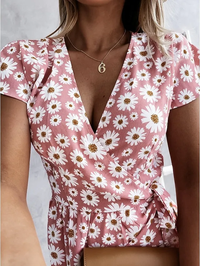 Casual Dress Wrap Dress Floral Dress Midi Dress Black Pink Blue Short Sleeve Floral Lace up Summer Spring V Neck Vacation Vacation Summer Dress  S M L XL XXL for Women