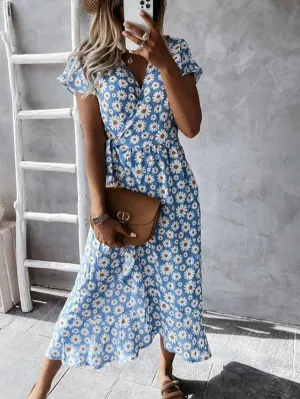 Casual Dress Wrap Dress Floral Dress Midi Dress Black Pink Blue Short Sleeve Floral Lace up Summer Spring V Neck Vacation Vacation Summer Dress  S M L XL XXL for Women