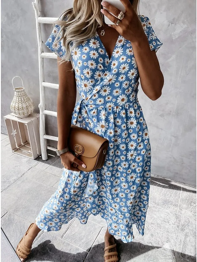 Casual Dress Wrap Dress Floral Dress Midi Dress Black Pink Blue Short Sleeve Floral Lace up Summer Spring V Neck Vacation Vacation Summer Dress  S M L XL XXL for Women
