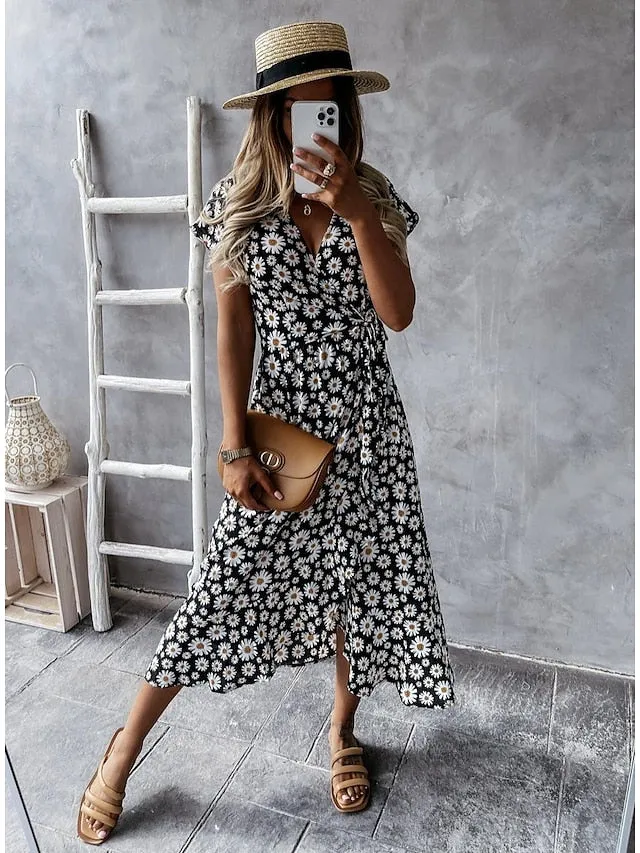 Casual Dress Wrap Dress Floral Dress Midi Dress Black Pink Blue Short Sleeve Floral Lace up Summer Spring V Neck Vacation Vacation Summer Dress  S M L XL XXL for Women