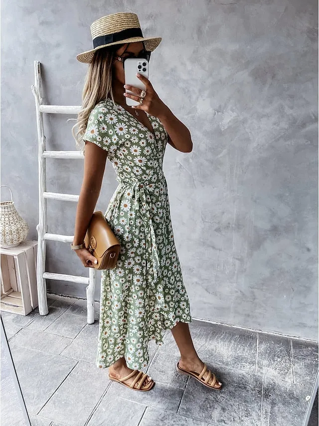 Casual Dress Wrap Dress Floral Dress Midi Dress Black Pink Blue Short Sleeve Floral Lace up Summer Spring V Neck Vacation Vacation Summer Dress  S M L XL XXL for Women