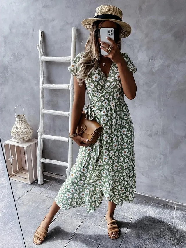 Casual Dress Wrap Dress Floral Dress Midi Dress Black Pink Blue Short Sleeve Floral Lace up Summer Spring V Neck Vacation Vacation Summer Dress  S M L XL XXL for Women