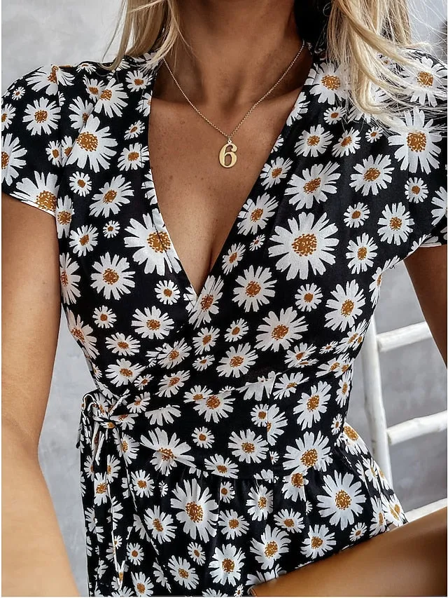 Casual Dress Wrap Dress Floral Dress Midi Dress Black Pink Blue Short Sleeve Floral Lace up Summer Spring V Neck Vacation Vacation Summer Dress  S M L XL XXL for Women