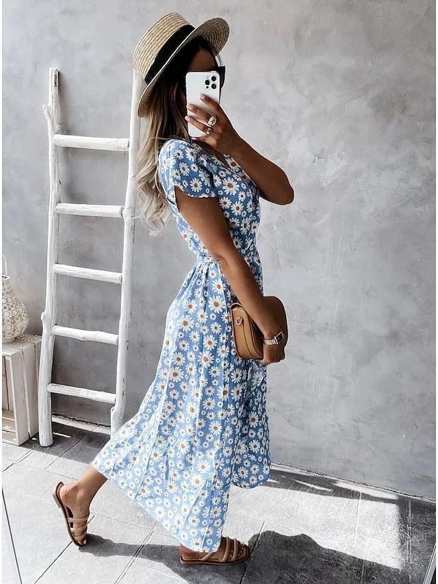 Casual Dress Wrap Dress Floral Dress Midi Dress Black Pink Blue Short Sleeve Floral Lace up Summer Spring V Neck Vacation Vacation Summer Dress  S M L XL XXL for Women