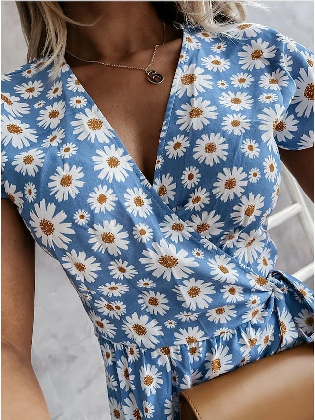 Casual Dress Wrap Dress Floral Dress Midi Dress Black Pink Blue Short Sleeve Floral Lace up Summer Spring V Neck Vacation Vacation Summer Dress  S M L XL XXL for Women