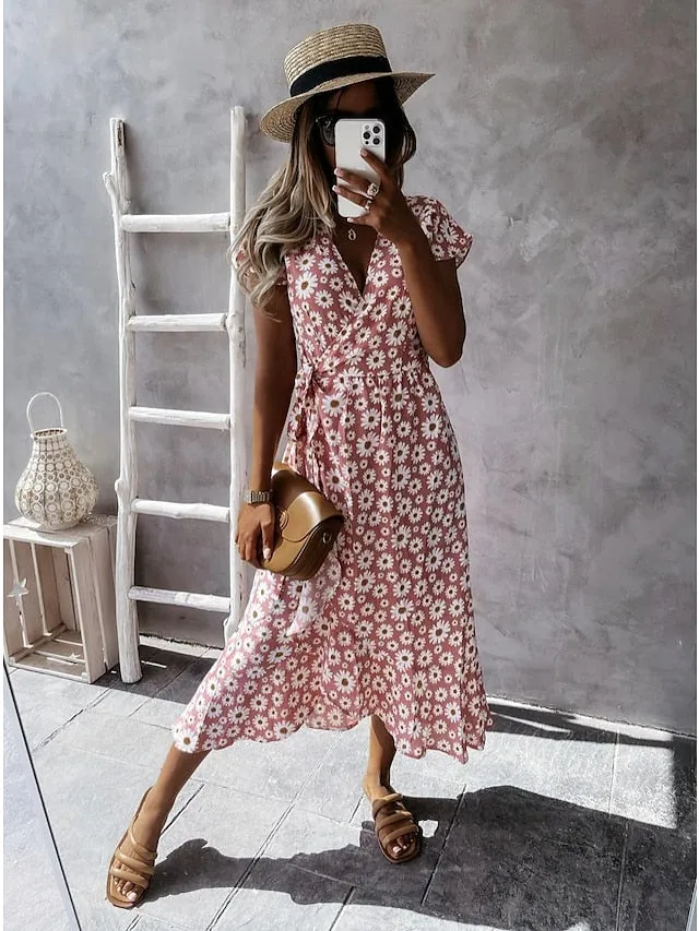 Casual Dress Wrap Dress Floral Dress Midi Dress Black Pink Blue Short Sleeve Floral Lace up Summer Spring V Neck Vacation Vacation Summer Dress  S M L XL XXL for Women