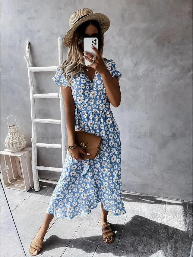 Casual Dress Wrap Dress Floral Dress Midi Dress Black Pink Blue Short Sleeve Floral Lace up Summer Spring V Neck Vacation Vacation Summer Dress  S M L XL XXL for Women