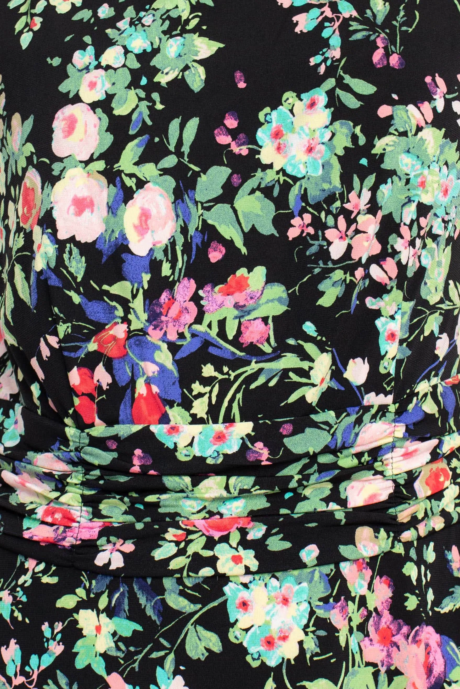 Connected Apparel Boat Neck Sleeveless Ruched Waist Floral Print Fit & Flare Jersey Dress