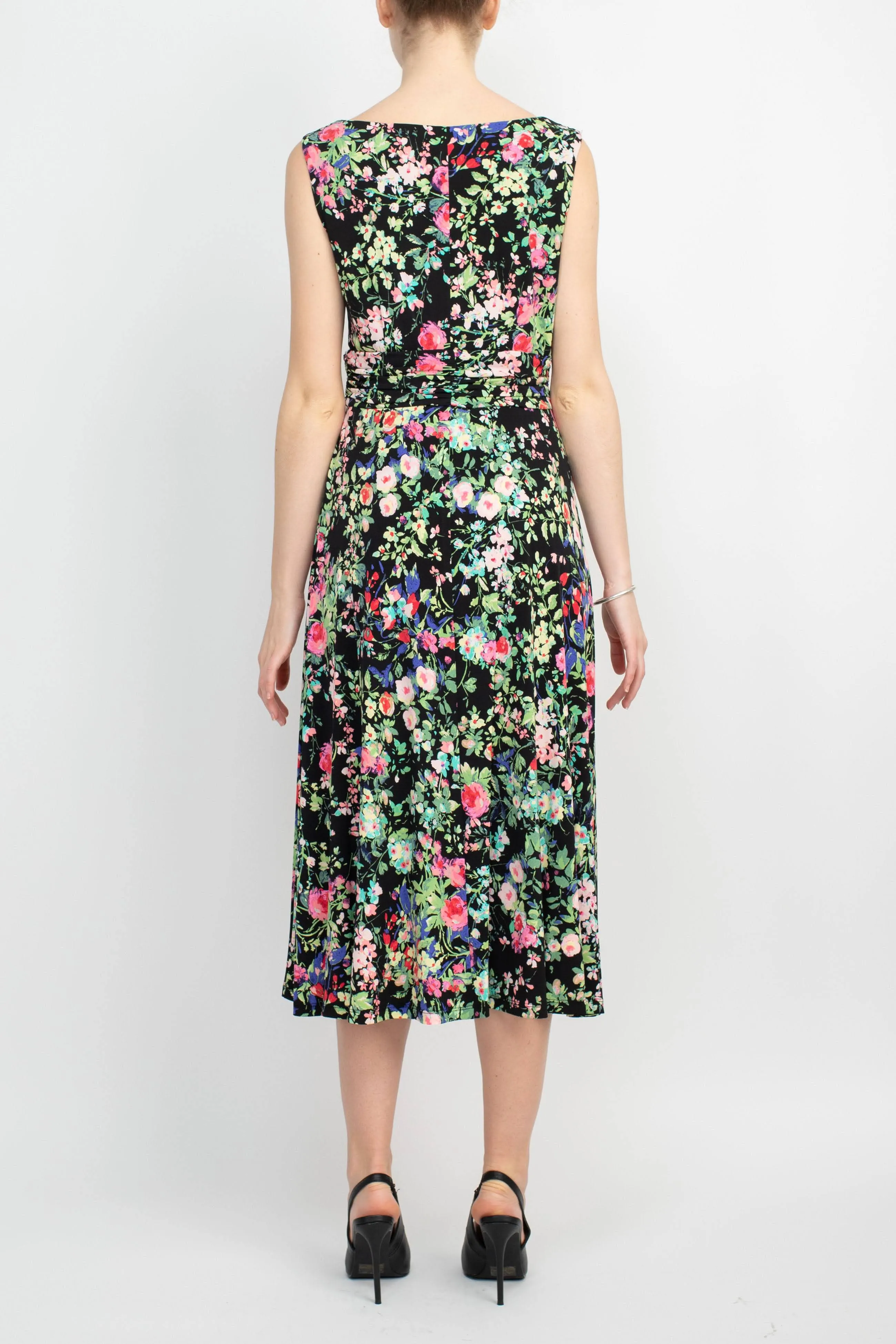 Connected Apparel Boat Neck Sleeveless Ruched Waist Floral Print Fit & Flare Jersey Dress