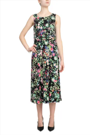 Connected Apparel Boat Neck Sleeveless Ruched Waist Floral Print Fit & Flare Jersey Dress