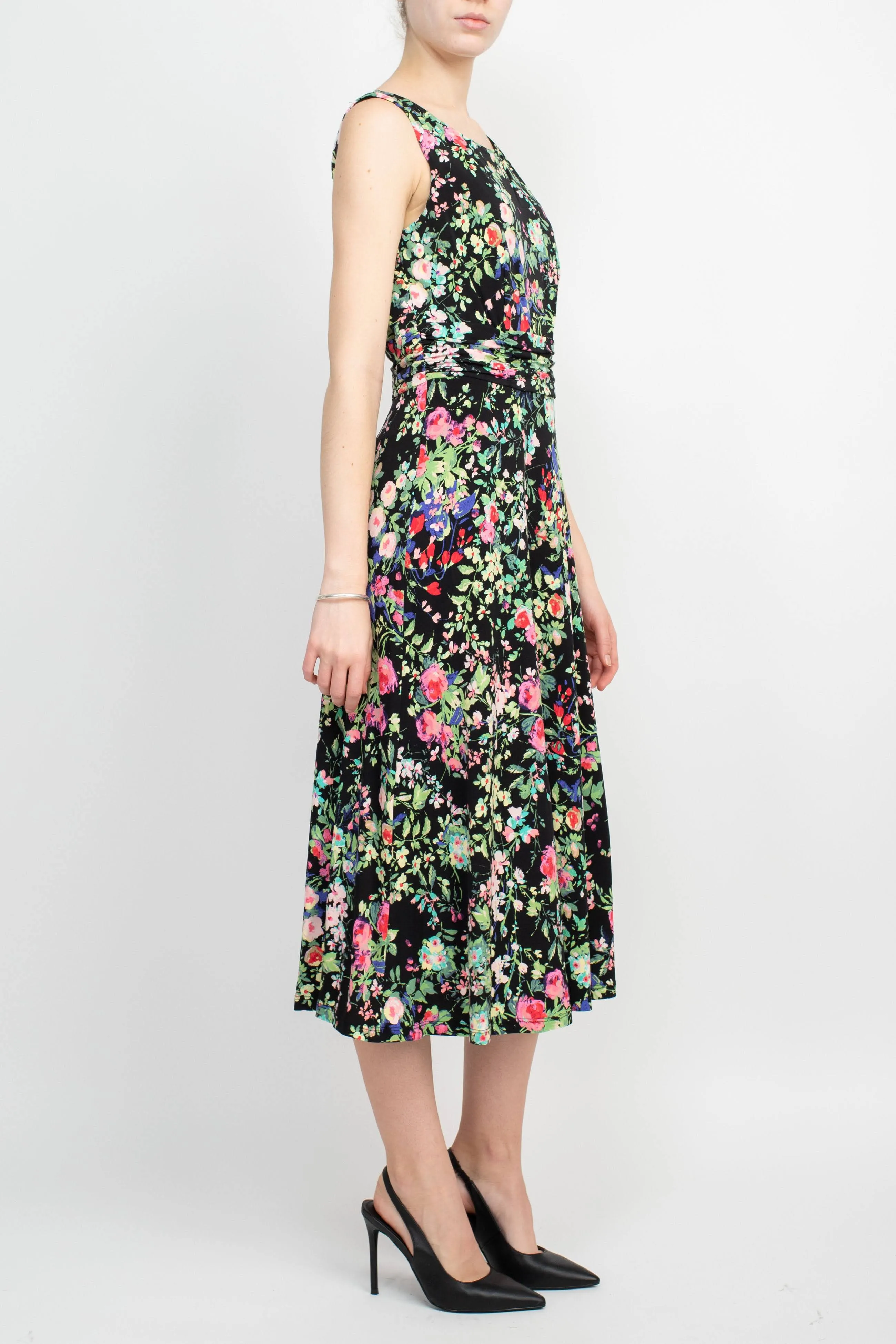 Connected Apparel Boat Neck Sleeveless Ruched Waist Floral Print Fit & Flare Jersey Dress