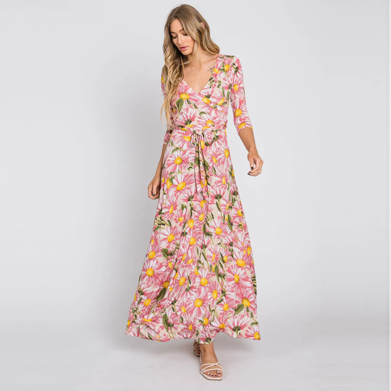 Coral Daisy Mammoth Venechia Maxi Wrap Dress